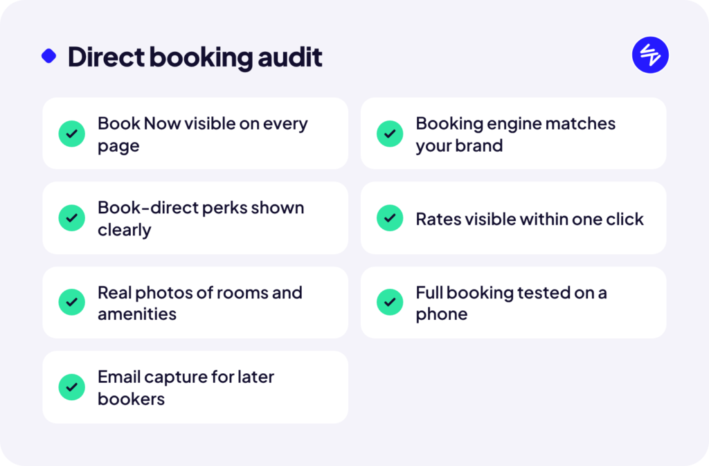 Checklist: Direct booking audit. Book Now visible on every page; Booking engine matches your brand; Book-direct perks shown clearly; Rates visible within one click; Real photos of rooms and amenities; Full booking tested on a phone; Email capture for later bookers.